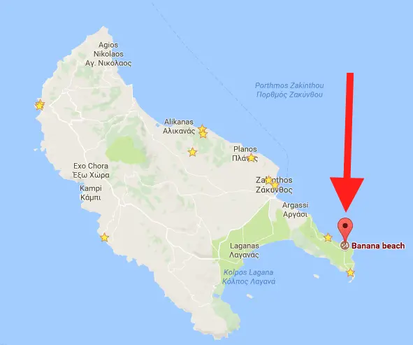 Carte de la plage de Banana à Zakynthos