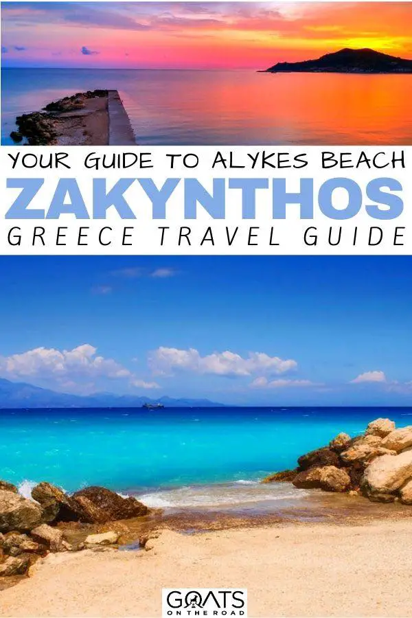 Vous planifiez un voyage à Zakynthos en Grèce et vous cherchez les meilleures choses à faire et à voir ? La plage d'Alykes est l'une des meilleures plages à visiter, avec du sable doux et une belle eau claire pour nager. Que vous souhaitiez rester près de la plage, ou simplement y aller et déjeuner dans le cadre d'une excursion d'une journée, nous avons les conseils de voyage pour vous. | #alykesbeach #zakynthos #greece La plage d'Alykes avec du texte en surimpression, votre guide.
