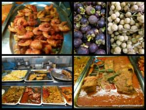 foods in Malaysia - shrimps, mangosteen, jungle fruit, meat curry and fish curry De Koh Phangan à Kuala Lumpur - De Koh Phangan à Kuala Lumpur